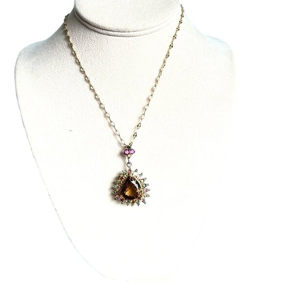 Womens Necklace Gold over Sterling Silver Citrine Tourmaline Pendant 16" Chain - Picture 5 of 6